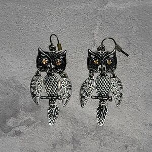 Vintage c2000 Super Cute Silver-Tone Owl w/Faux Citrine Eyes Chandelier Earrings